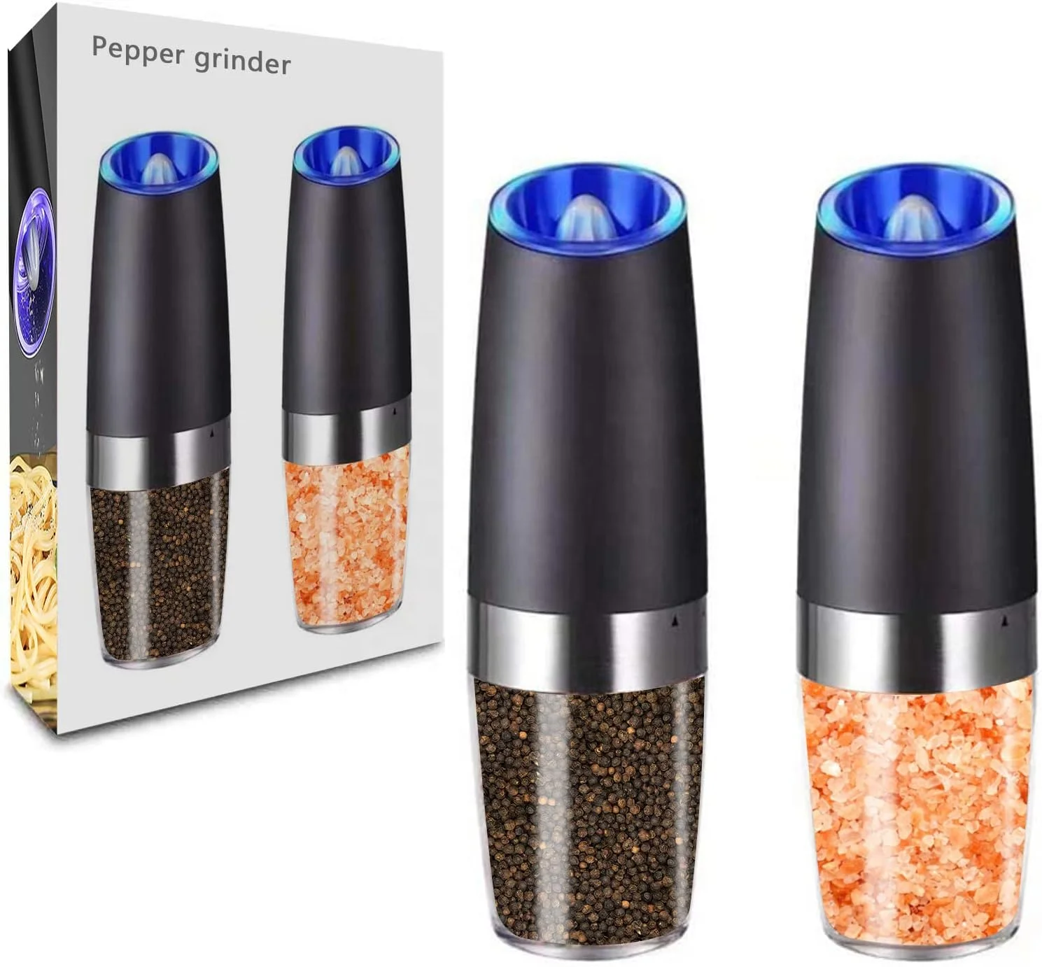 

Black pepper mill grinder set spice jar Electric gravity salt and pepper grinder with blue light