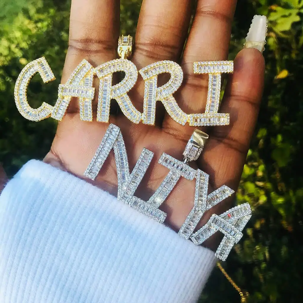 Iced Out Initials Gold Silver Bling Zirconia Men's Hip Hop Name Plate Letters Necklace Personalised for Men and Women