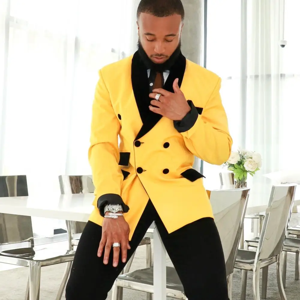 

Costume Homme Yellow Blazer +Black Pants Casual Men Jacket Fashion Custom Groom Wedding Prom Tuxedo Terno Masculino 2 Pieces, Custom made