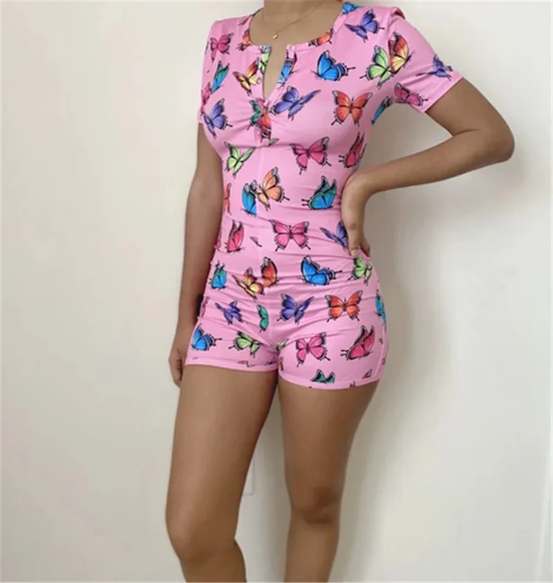 

2020 Wholesale pajamas sleep wear onesie adult sexy custom one piece bodycon short sleeve pink butterfly onesie for women