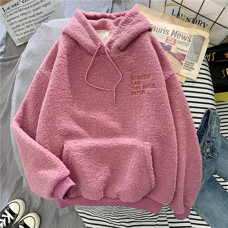 

Autumn Winter Coat Pink Sweet Hooded Sorry Print Harajuku Loose Pocket Hoodies Womens Fleece Flannel Pullover Female Sweatshirt