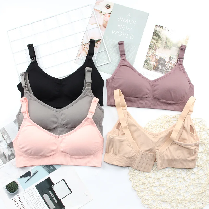 

High Quality OEM Seamless Soft Breastfeeding Bra Healthy Mother Front Buckle Gathering Nursing Wireless Bra, 5 colors