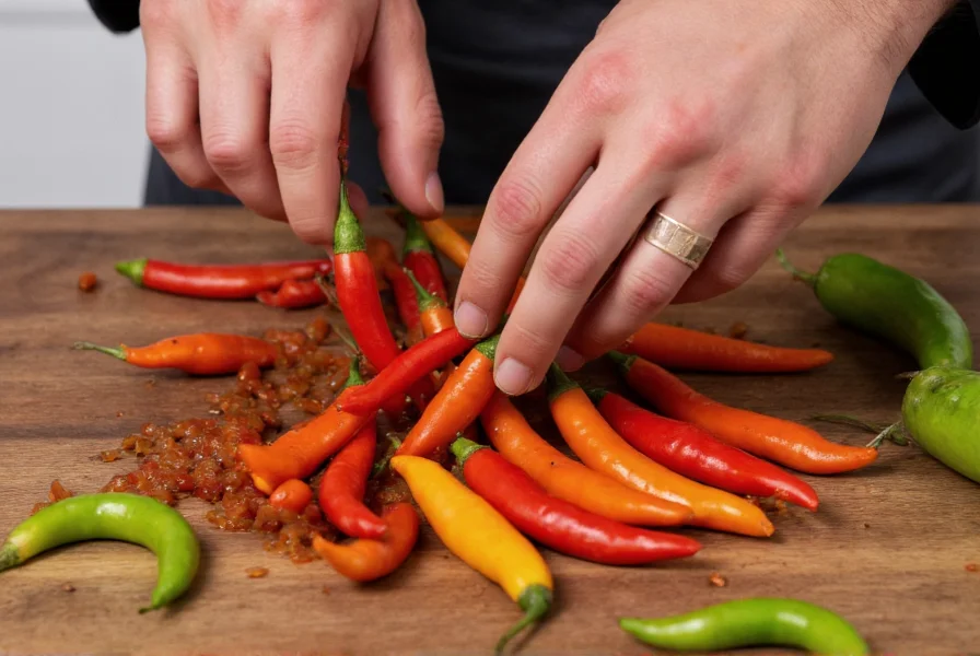 Chef's hands preparing fresh salsa with various chili peppers including substitution options