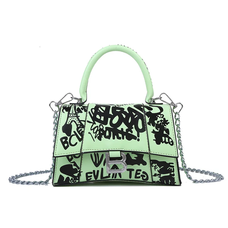 

Women graffiti handbag chain small square bag cartoon PU leather purse