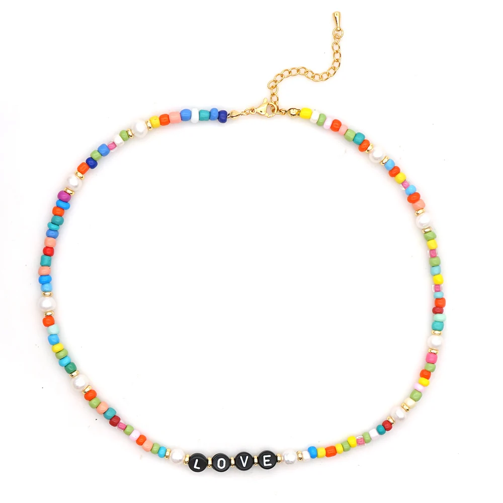 

Go2Boho LOVE Letter Necklace Freshwater Pearls Beads Necklaces For Women Jewelry Multicolor Boho Summer Beach Choker