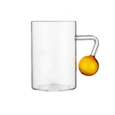 

OEM Heat Resistant Colored Borosilicate Drinking Glass Tea Beer Mugs Milk Juice Coffee Cups with Ball Handles, Amber/grey/pink/clear