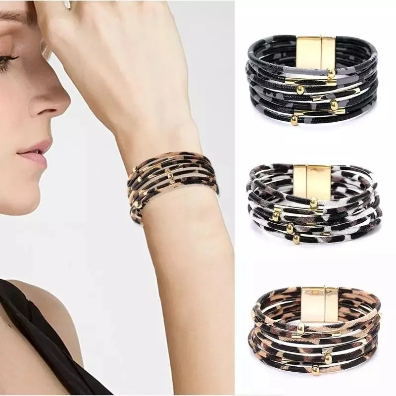 

6 Colors Europe Fashion Multilayer Wrap Leather Bracelet Magnetic Clasp Leopard Bracelet, As pictures