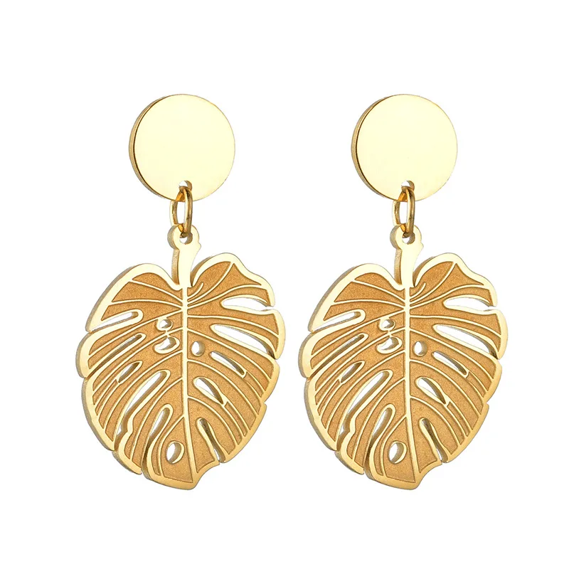 

European and American exaggerated leaves stainless steel gold earrings women's bohemian ear jewelry