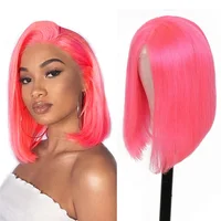 

Short Bob 130% Density Pink Color Lace Front wig human hair raw indian hair with Baby Hair