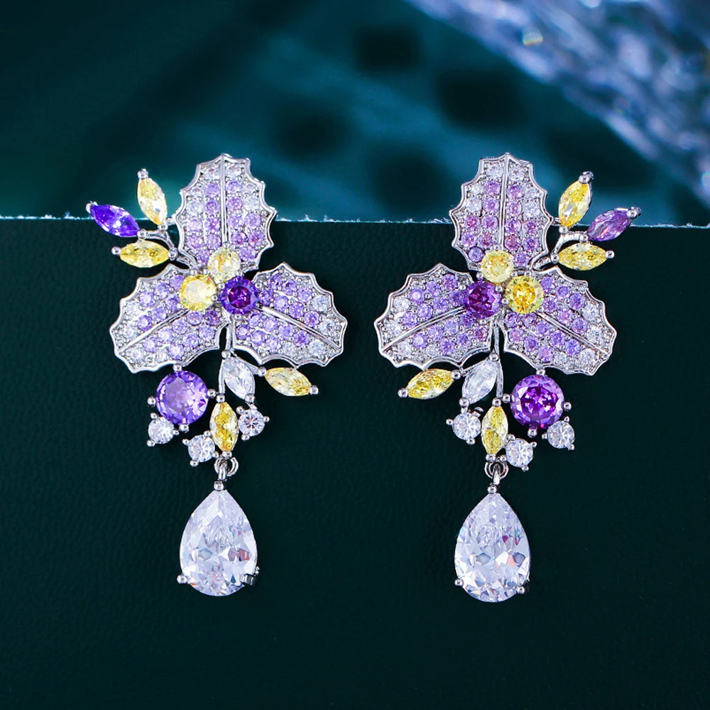 Delicate Purple Yellow Cubic Zirconia Long Flower Leaf Drop Earrings for Women Elegant Bridal Wedding Party Jewelry