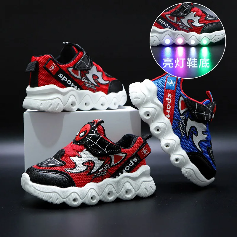 

Fashion Glowing Kids Spiderman Shoes With LED light Breathable Shoes Kids Boys Girls Lightweight Stylish Casual Sports Sneakers, Red blue