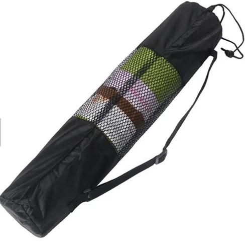 

Custom Logo Printed Black Drawstring Nylon Mesh Yoga Mat Bag With Shoulder Belt