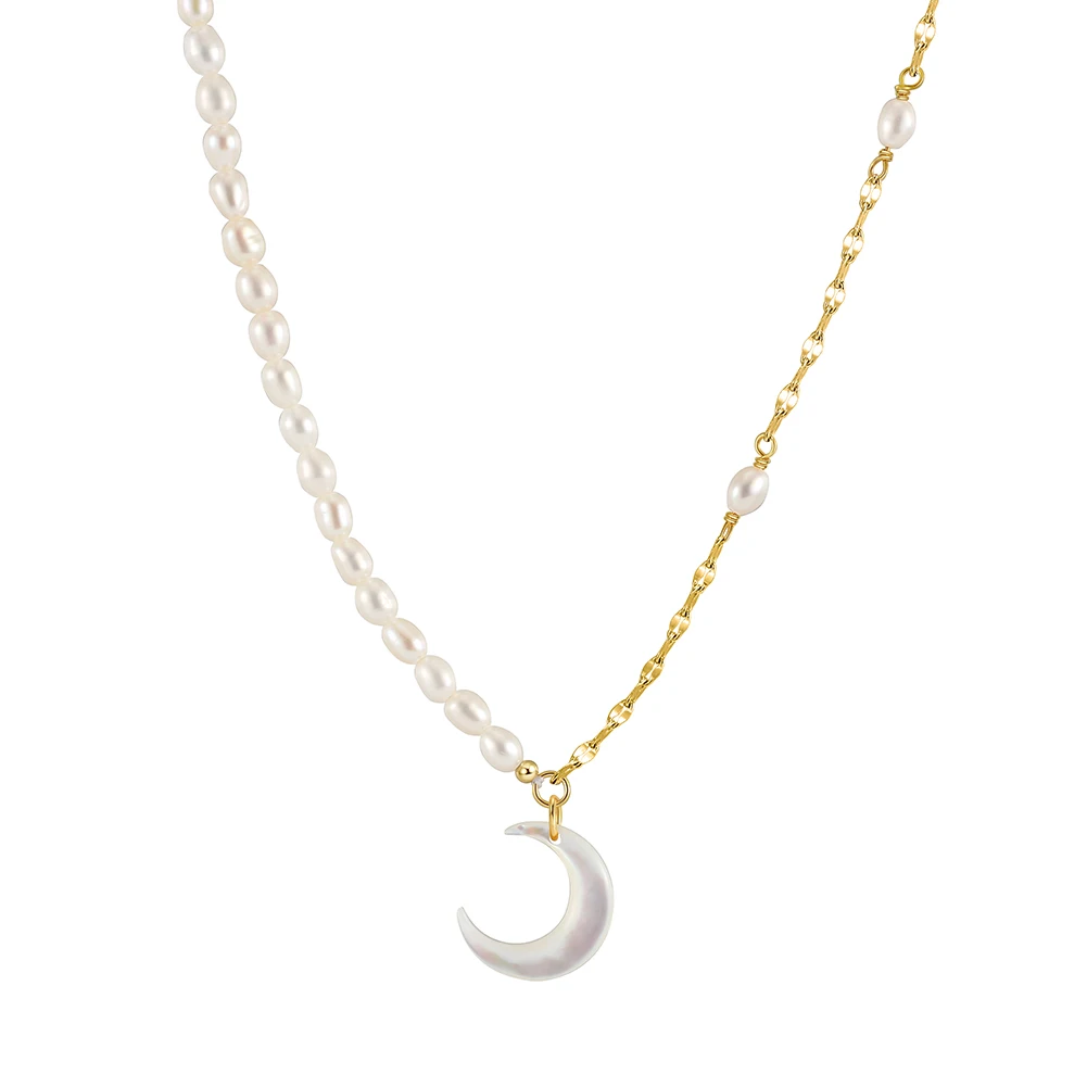 GPN53 Custom 925 Sterling Silver 14K Gold Plated Half Lip Chain Half Cultured Freshwater Pearl Moon Shape Pendant Necklace