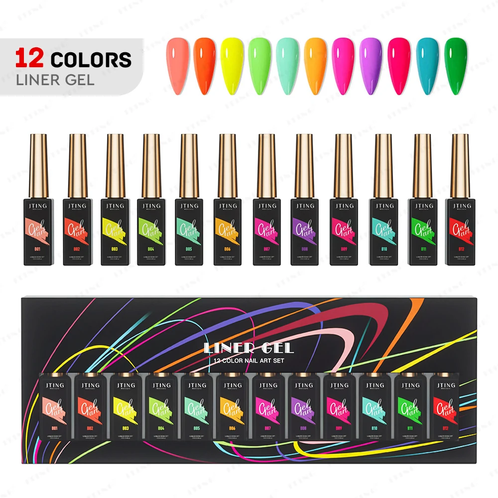 

JTING Hot selling Popular 12Colors neon series Nail art liner gel polish OEM ODM free custom 12ml bottle and box