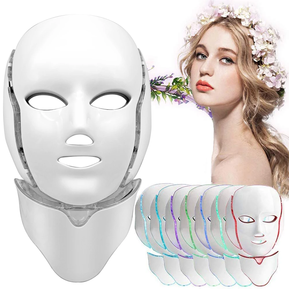 

Reduce Acne and Boost Collagen 7 Colors LED Light Therapy Gold Facial Face Masks Device, White, gold
