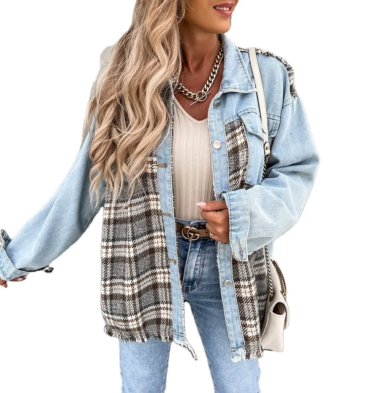 

Free Shipping Fashion New Arrival Casual Women Denim Color Block Plaid Coat Jacket