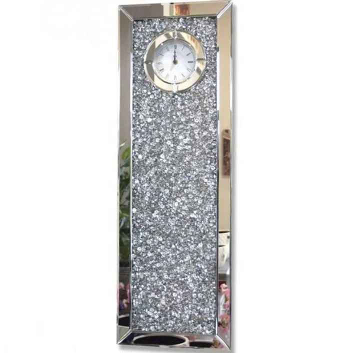 

Contemporary Diamond Crushed Glitter Crystal Mirrored Rectangle Jewel Wall Clock, Silver