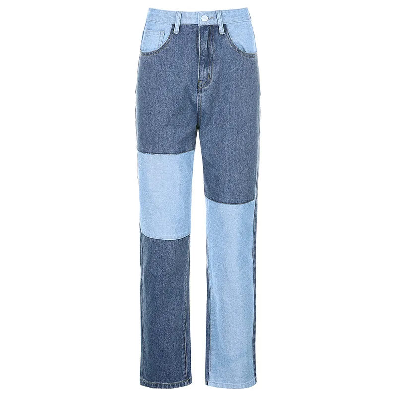 

Wholesale New Women's Casual Joker Splicing Contrast Color Slim Straight Leg Jeans, Grey/blue