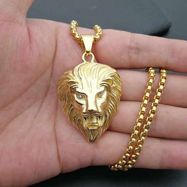 

European Hot Sale Punk Hips Hops Jewelry Men's 18K Gold Tone 316L Stainless Steel Lion Head Pendant Necklace