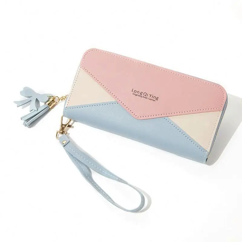 

women's long zipper wallet, female student, Korean splicing, color contrast, tassel holder bags