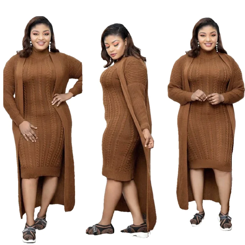 

YQY1020 New Styles Knitted Long Sweater Dress Suit Slim Fit Turtleneck Loose Dress Winter Two Piece Set Women Plus Size Dress