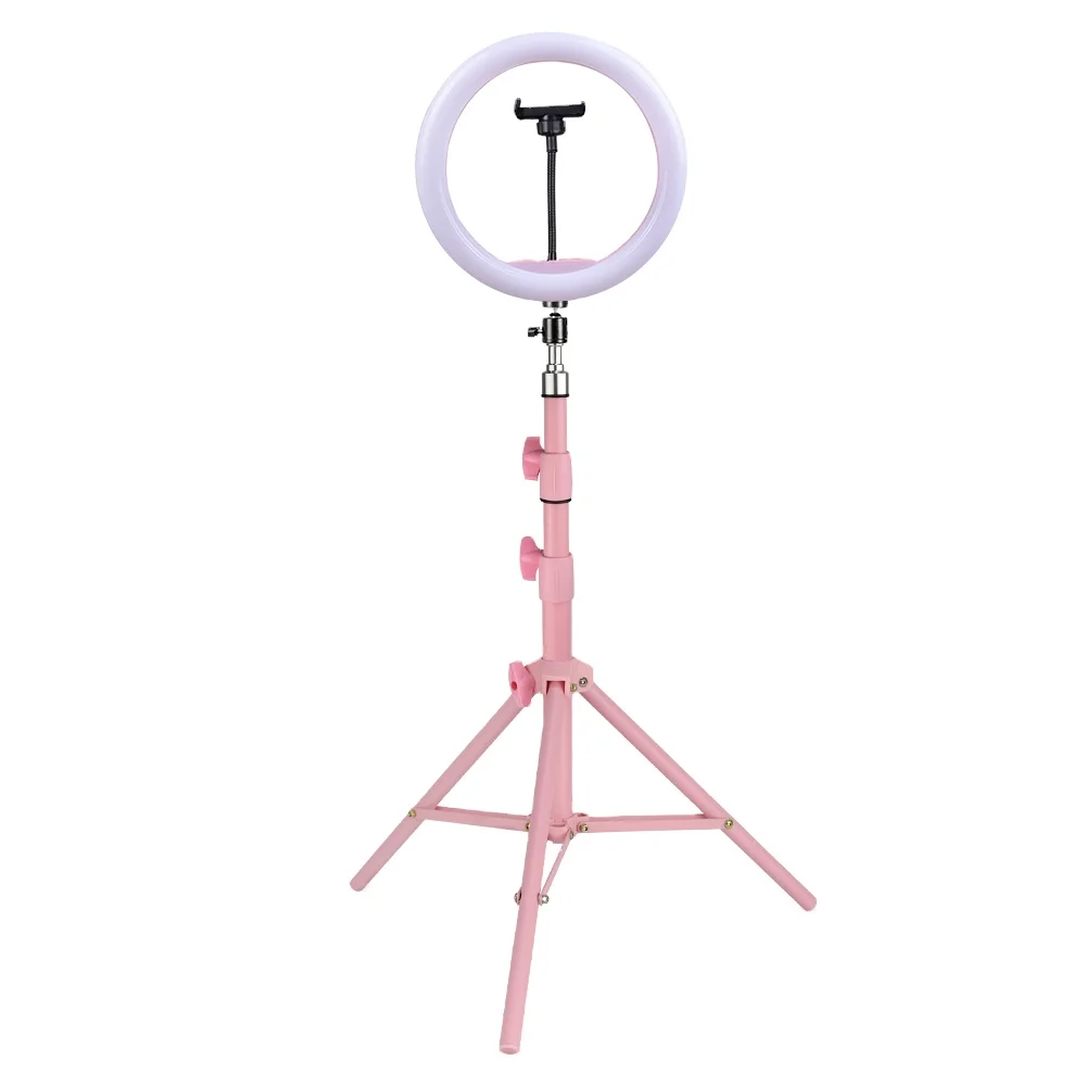 

Xintan Dimmable 3 modes adjustable 3 phone holders beauty ring light with extendable tripod stand for makeup live streaming, White black