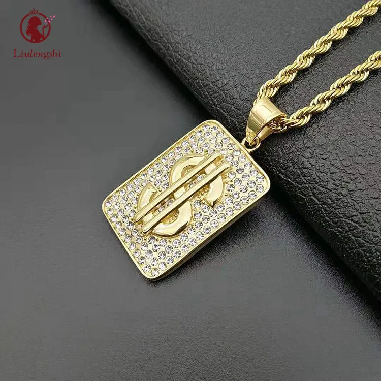 

Hips Hops Jewelry Crystal Embossed Dollars Pendant Necklace Stainless Steel Micro Inlay CZ US Dollar Rectangle Pendant Necklace