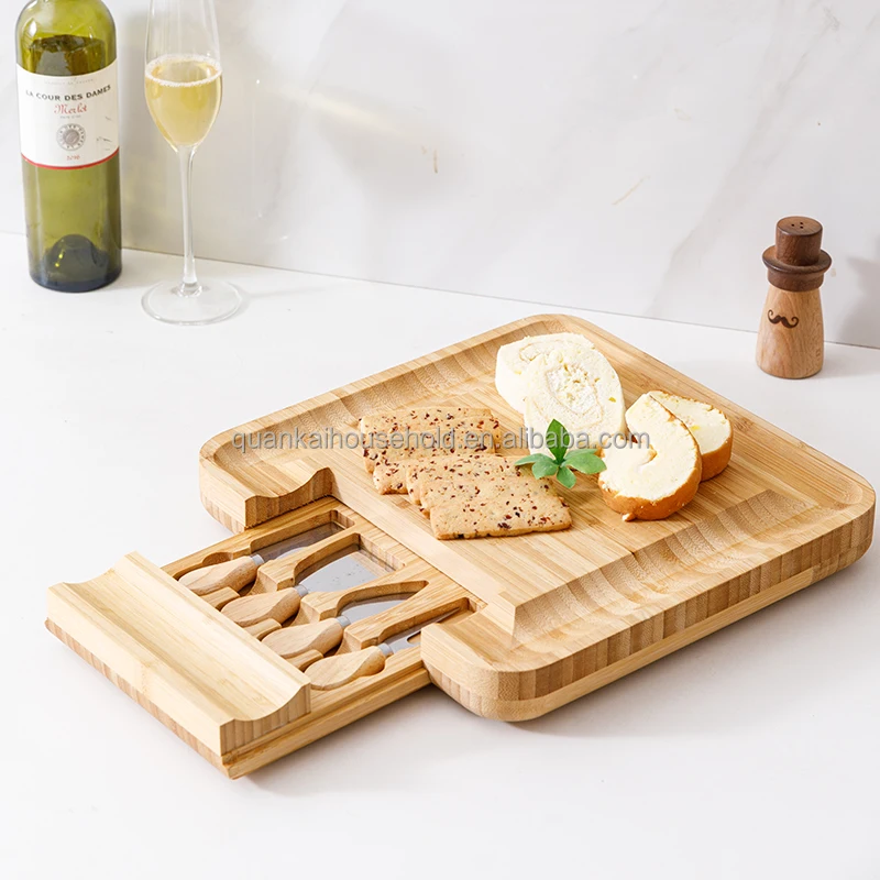 

Bamboo cheese board set of 4 Cheese Knife Wooden Serving Tray with Slide-Out Hidden Drawer Complete Charcuterie Board Set, Natural bamboo color