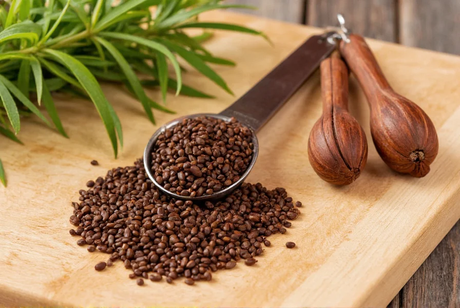 Close-up photograph of anise seeds on wooden cutting board with measuring spoons and fresh anise plant
