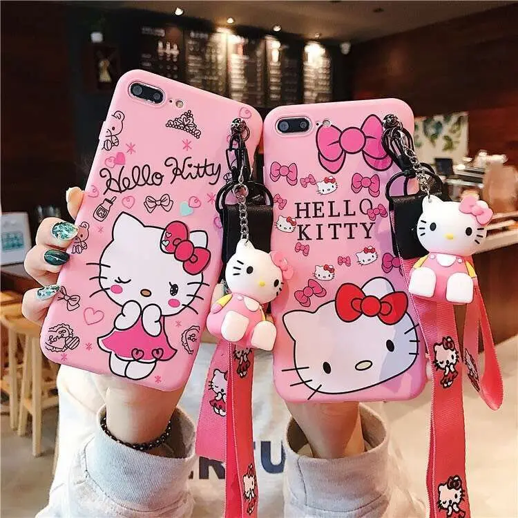 

free shipping hellokitty kitty lanyard Doll kickstand Case For iphone 12 Mini 12promax 11 XS X silicone Cover, Colorful