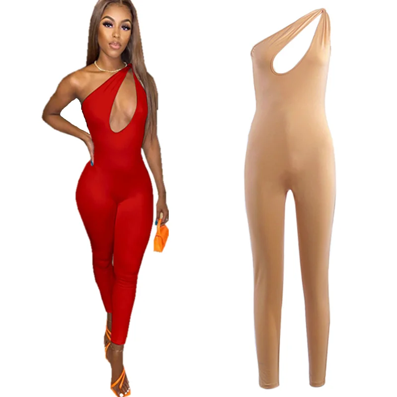 

One Shoulder Irregular Side bodysuit Hollow Out Pants Slim Nightclub sleeveless tights solid color Women Romper And Jumpsuit