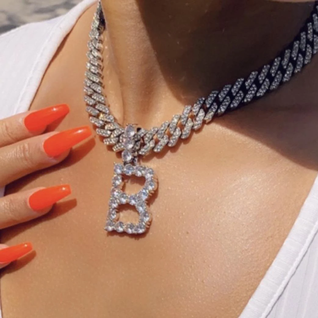 

Iced Cuban Link Chain Letter Pendant with diamond Tennis Chain Women's chocker letter necklace jewelry "A to Z" initial necklace