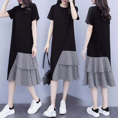 

women summer fashion elegant Loose Splice Plaid dress for plus size crew neck clothes dresses