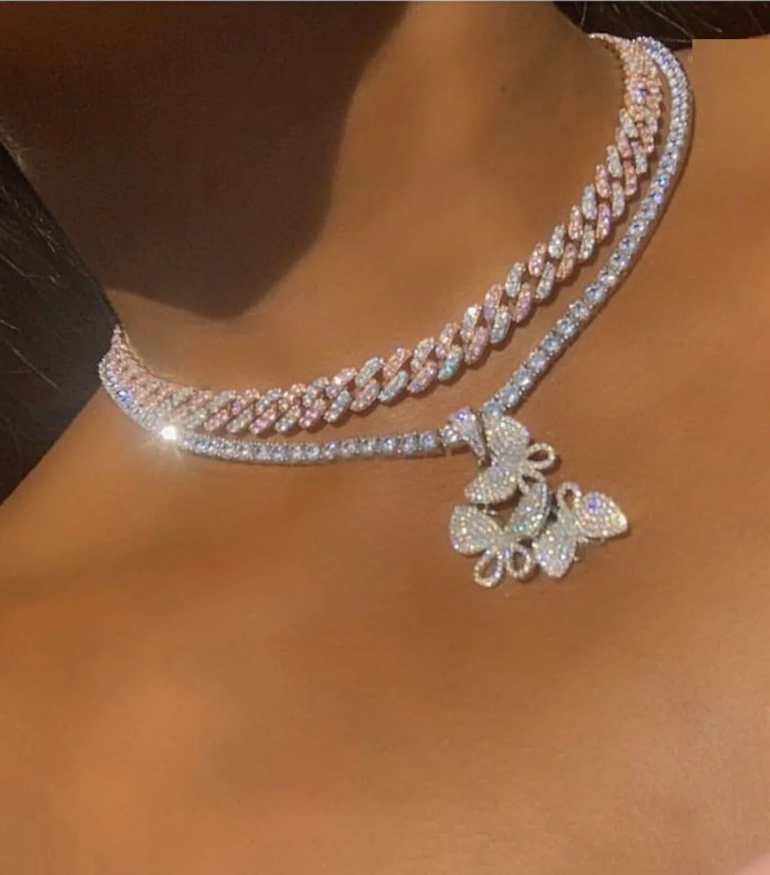 

Best Selling Bling Rhinestone Butterfly Pendant Necklace Tennis Chain Shiny Crystal Butterfly Necklace