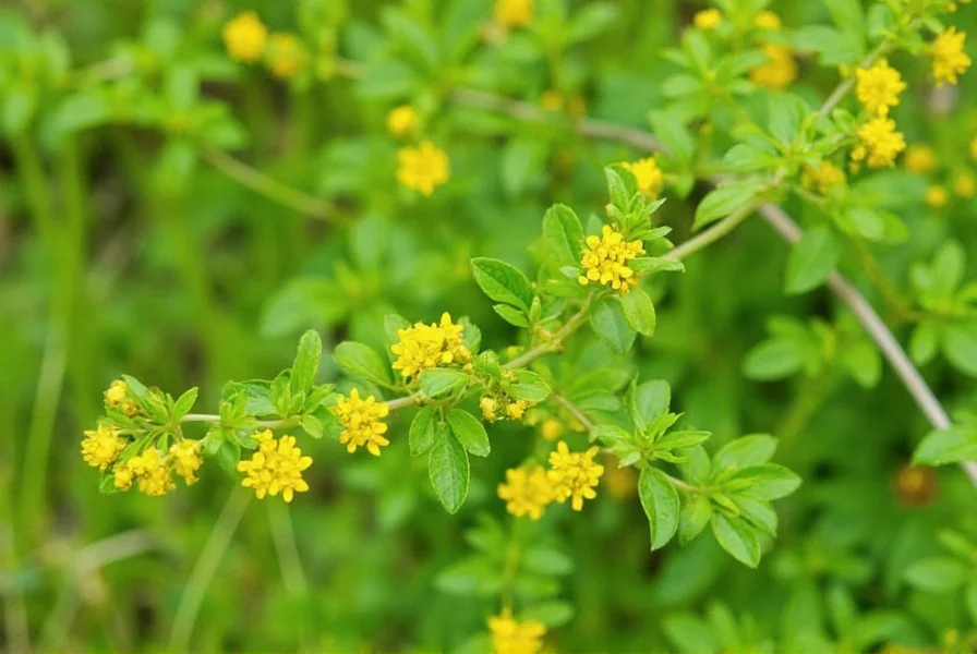 Close-up view of fenugreek plant showing trifoliate leaves, white flowers, and developing seed pods in a garden setting