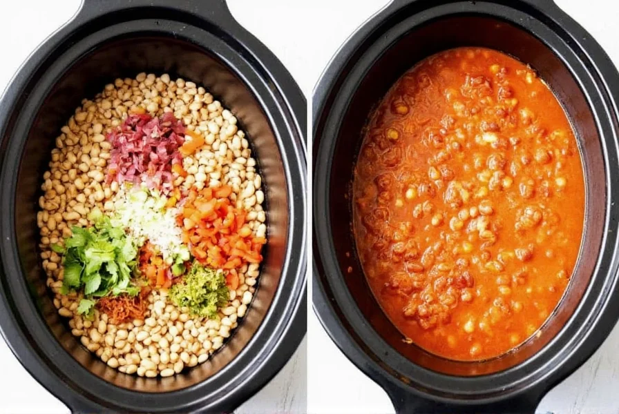 Step-by-step preparation of white bean chili in crockpot with ingredients arranged neatly
