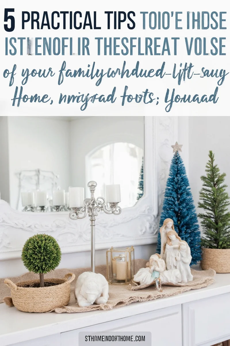 Complete blue and white nativity display in a cozy living room