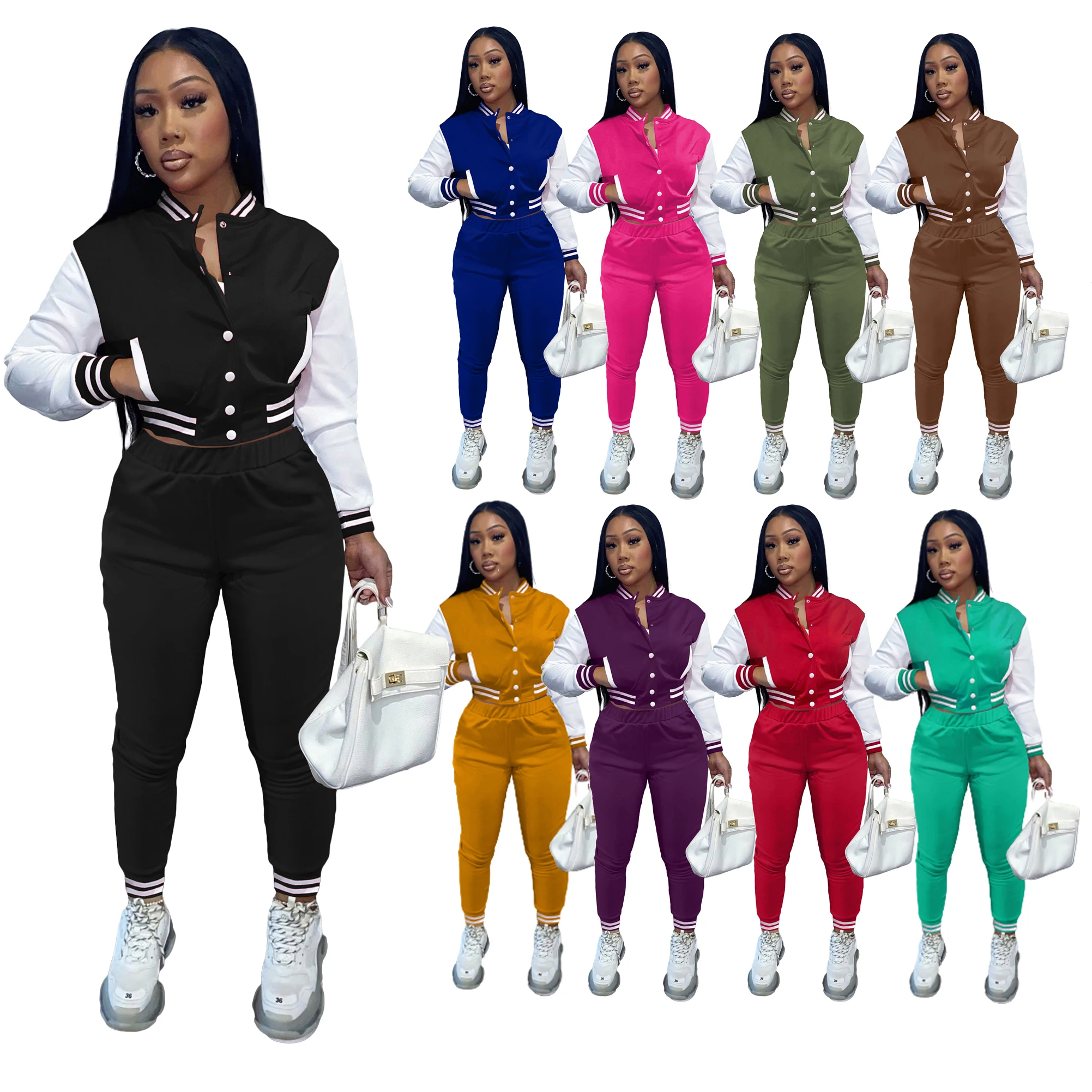 

patchwork Baseball Jackets Coats 2 Piece Joggers Pants Sets Winter women tracksuits sport wear Fall Clothes Two Piece Pant Sets, Picture
