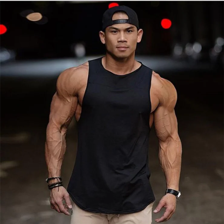 

2019 Hot sale new men summer sexy muscular man elastic force breathable GYM clothes solid color loose sleeveless tees vest, As picture