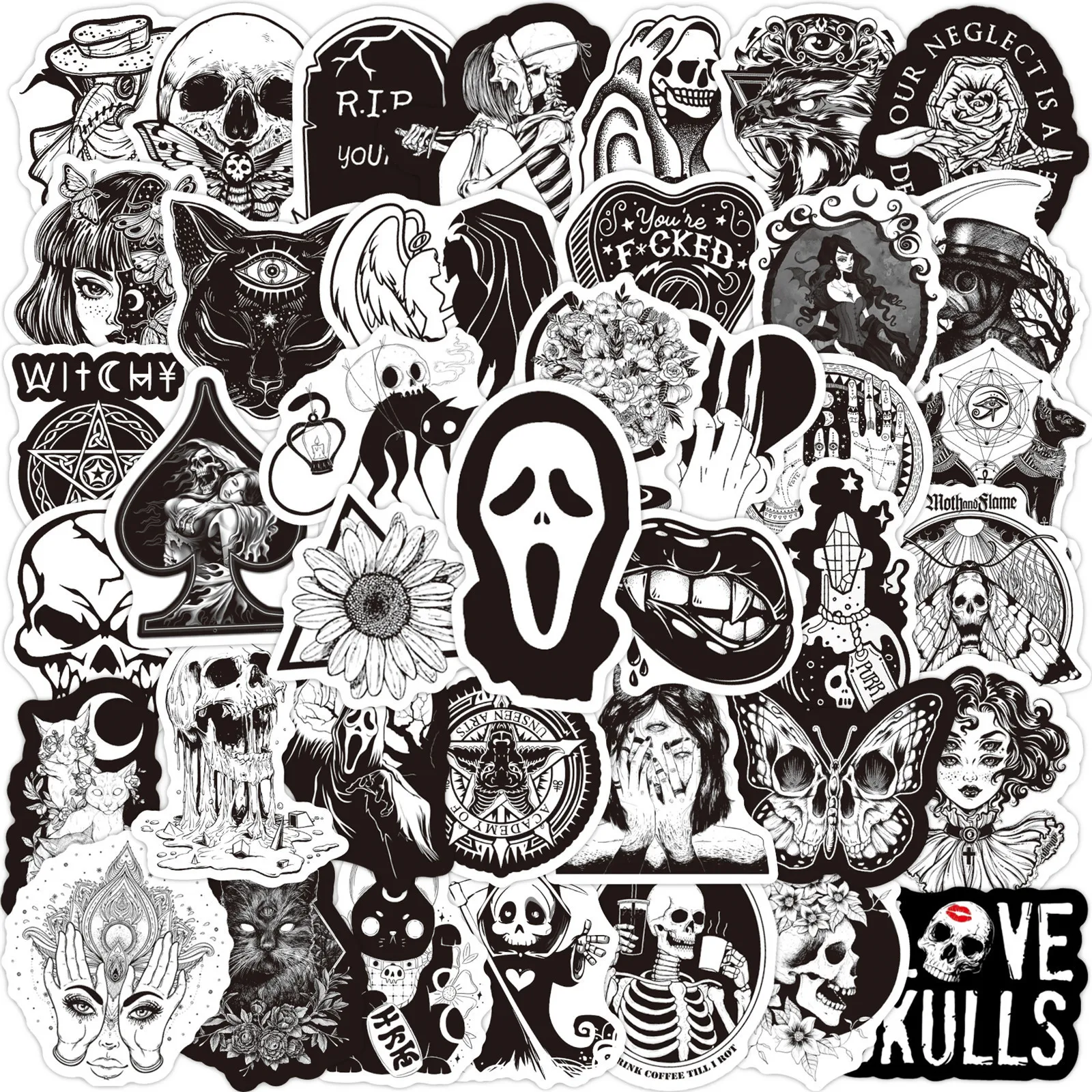 

100PCS Black and White Gothic Horror Sticker for Notebook Guitar Trolley Case