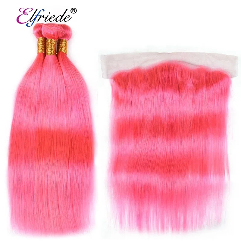 

Pink Straight Hair Wefts with Frontal Brazilian Remy Human Hair Weaving Bundles with 13"x4" Lace Frontal Closure JCXT-32