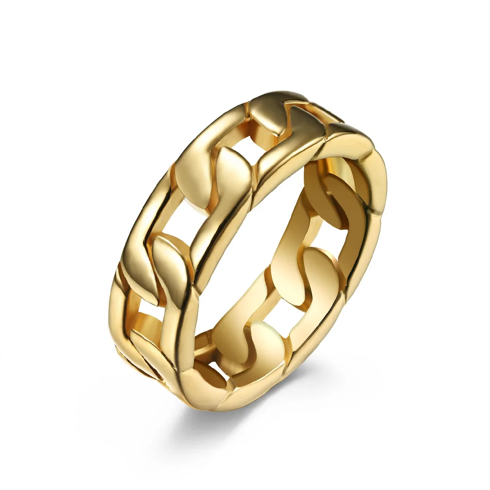 

Hot-sale Punk Style Cuban 18K Gold Plated Stainless Steel Chain Ring For Men, Picture