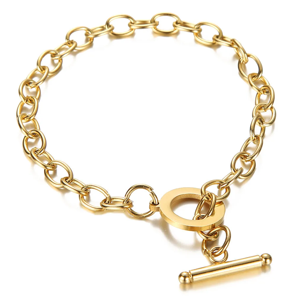 

2021 New Fashion 18K Gold Plated 316L Stainless Steel Link Chain Bracelet OT Stainless Steel Round Circle Clasp Bracelet