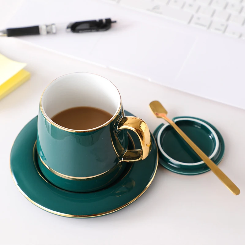 

Promotional gift box packing color glaze home goods tea set custom logo gold handle decor ceramic coffee mug with lid