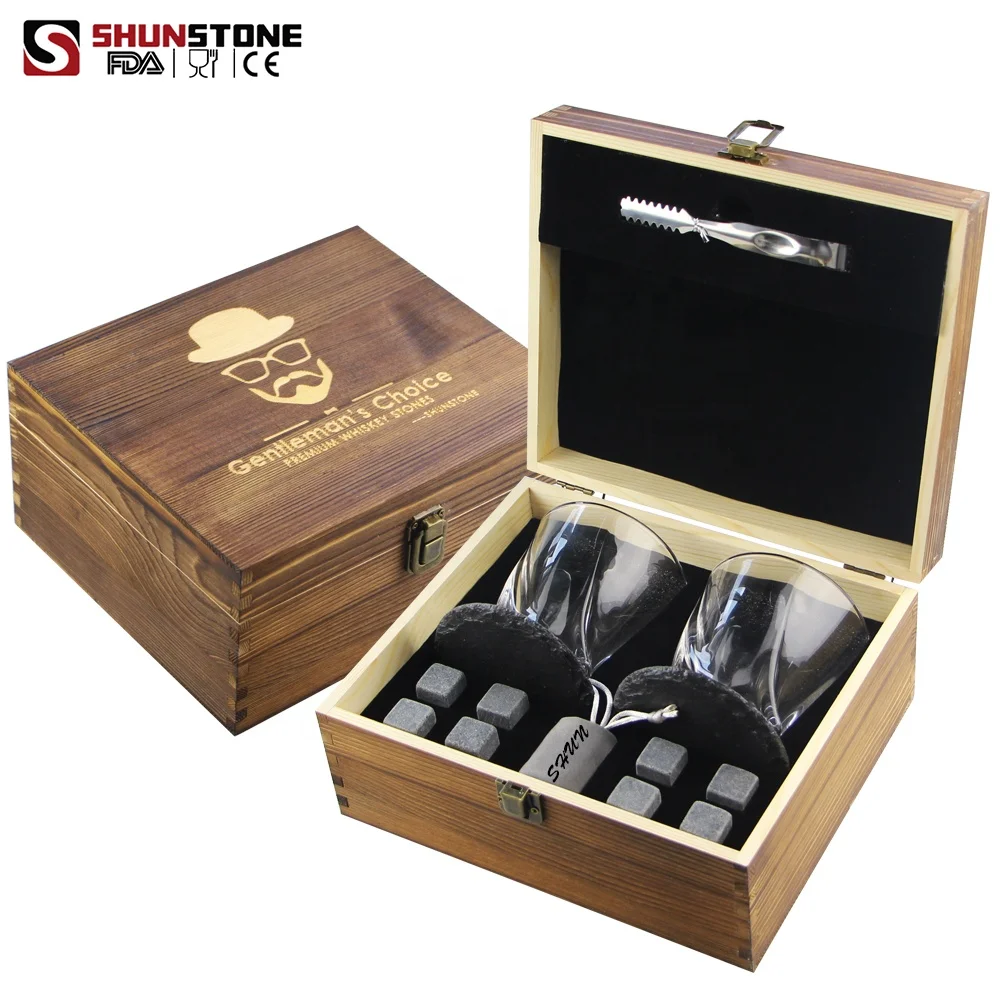 

Whiskey Stones And Glasses Gift Set, Whiskey Rocks Chilling Stones In Premium Handmade Wooden Box, Grey or customized