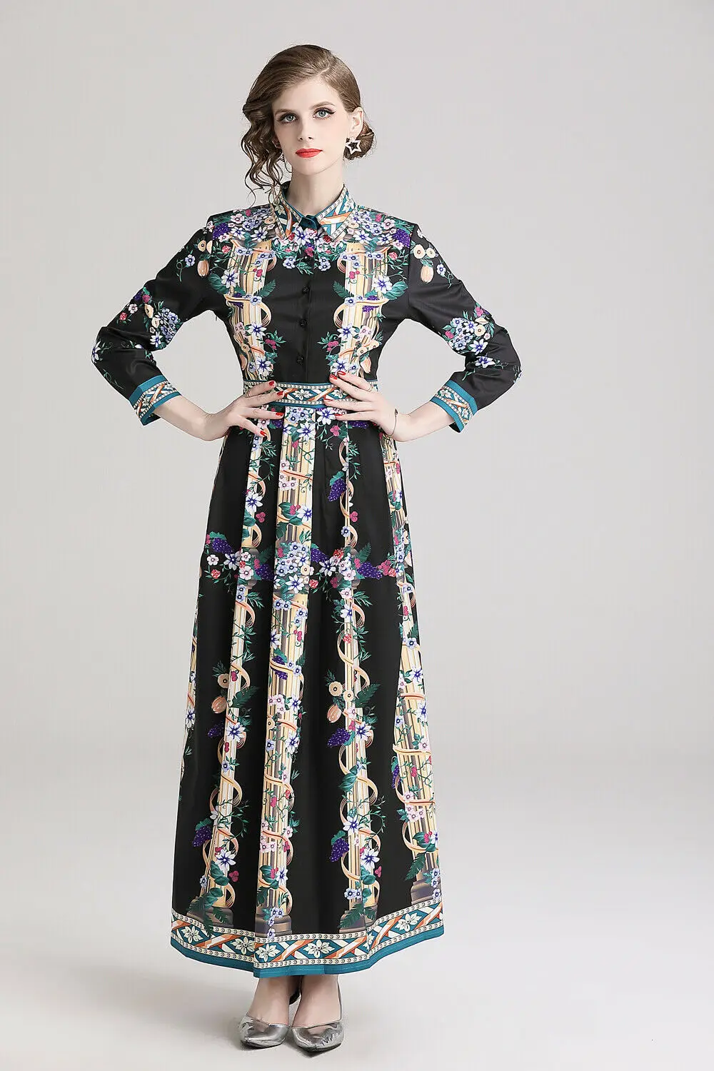 2020春装连衣裙夏季秋季花卉印花领帝国腰部休闲长裙长裙女式休闲