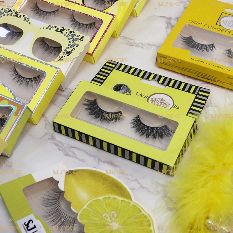 

3D silk lashes with private label bright yellow theme paper eyelash packaging, Natural black mink eyelash