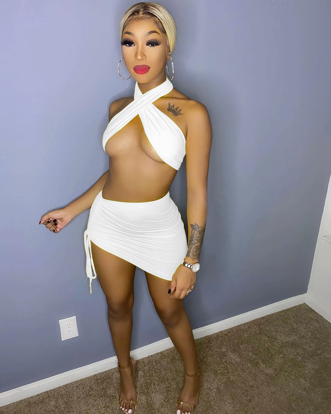 

Solid Color Women's Sexy Crop Bandage Tops With Mini Skirt Sets 2021 Summer Clubwear plus size dress skirts Wholesale