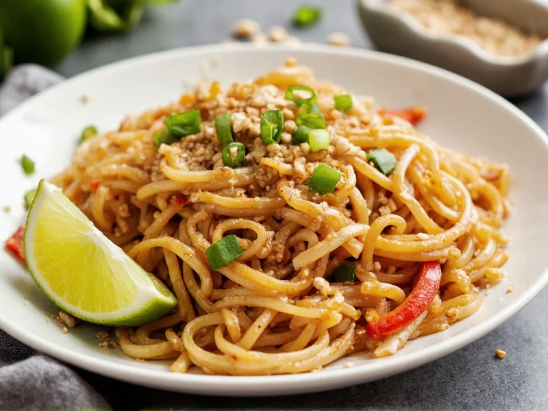 Homemade pad thai with vibrant lime wedge and crushed peanuts