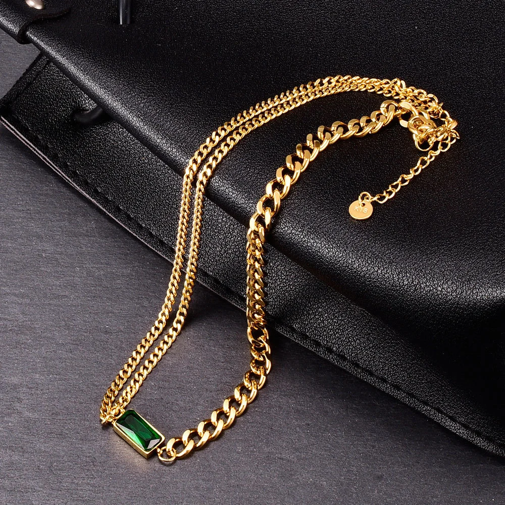 

2021 New Fashion Green Black CZ Stone Double layered Cuban Chain Stainless Steel Necklace